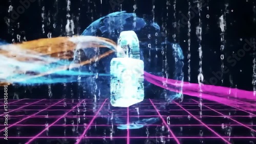 Glowing digital capsule surrounded by light streams and binary code