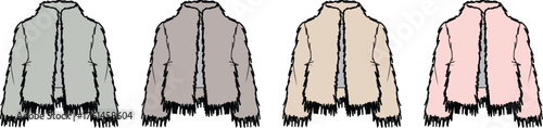 Elegant jacket collection in gray, taupe, beige and pastel pink. Fashionable fur trim and open front