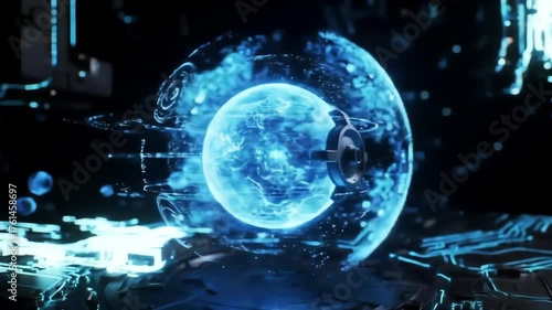 Glowing orb surrounded by digital interfaces on a metallic surface