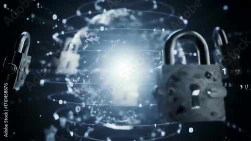 Padlocks and digital sphere with binary code