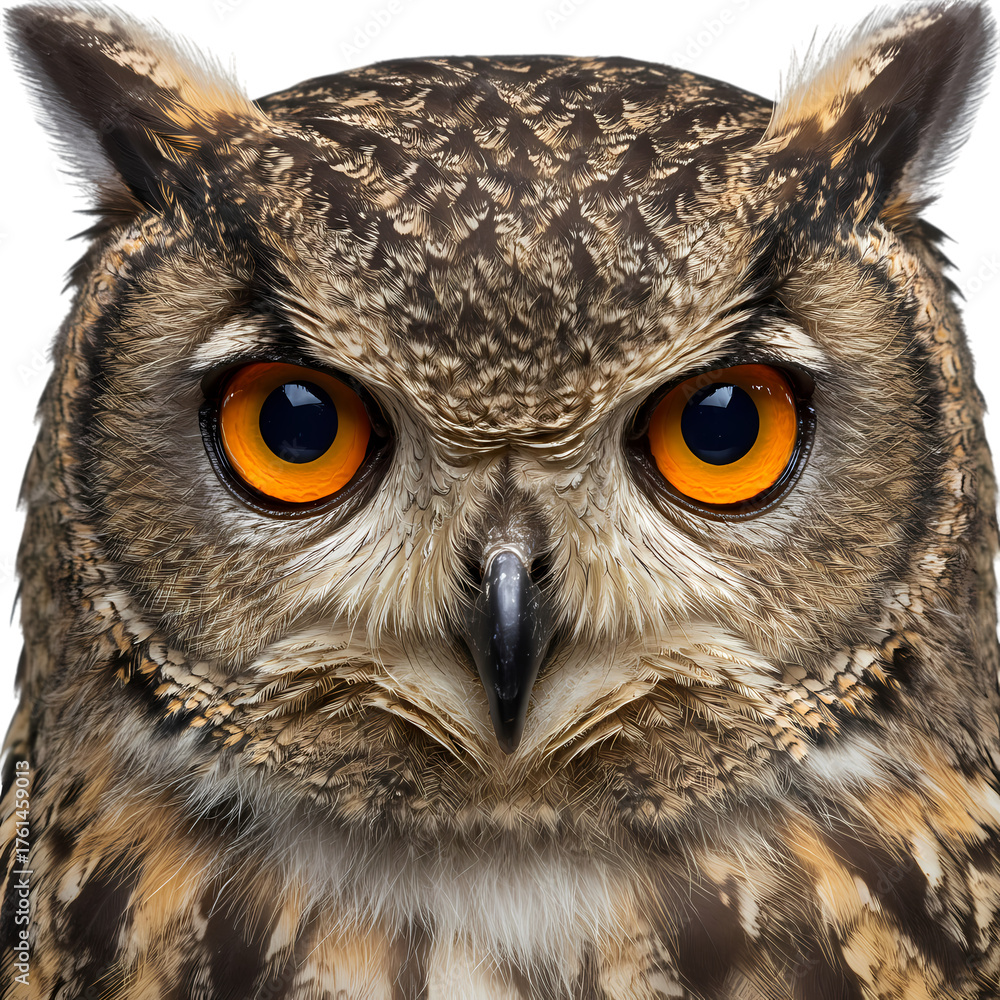 Obraz premium Intensely focused owl with piercing orange eyes, showcasing intricate feather detail and a wise, watchful gaze for nature and wildlife themes