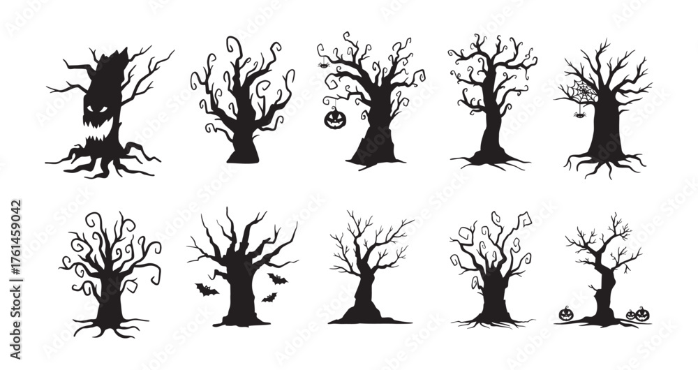 Halloween hand drawn spooky tree doodle silhouette set. Creepy trees