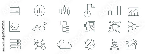 Data analysis thin line web icon set. Information technology web icon set. Database, big data process, ai, monitoring, traffic, hosting service, optimization and backup outline icon set collection.