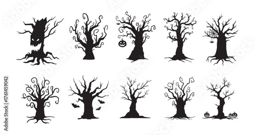 Halloween hand drawn spooky tree doodle silhouette set. Creepy trees 