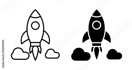 (Editable) Adobe Illustrator Artwork; Premium Quality Line Art and Silhouette (Pack) - Vector illustration of rockets launching into space with plumes of smoke or clouds