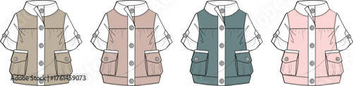 Collection of fashion technical flat sketches depicting a layered utility vest over a shirt with rolled sleeves in multiple colorways for apparel design