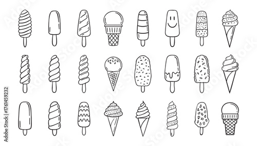  ice cream doodle hand drawn icon set. Outline drawing ice cream line clipart symbol collection