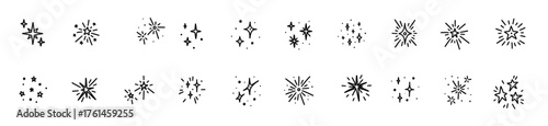 Doodle star icon set. Sparkle glitter vector elements. Merry Christmas and happy New year decorations, confetti, firework. Shiny blink, sparkle lights, bling, twinkle crayon drawing