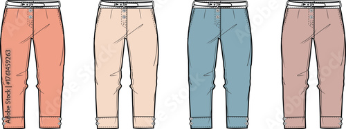 A collection of women's lounge pants or sleepwear trousers in multiple colorways, presented as a vector fashion illustration template