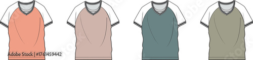 Set of vector v-neck raglan sleeve t-shirt fashion flat sketches. Apparel design template collection with various color options for clothing concepts