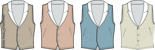 Collection of women's fashion illustrations showing a stylish vest over a short puff sleeve top in various nude and pink colors
