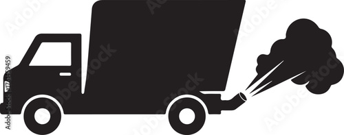 Vector art of black silhouette of a truck emitting smoke from its exhaust pipe, isolated on a