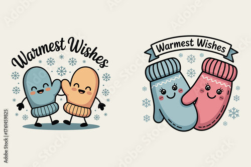 Cute winter mittens with warm wishes cartoon snow