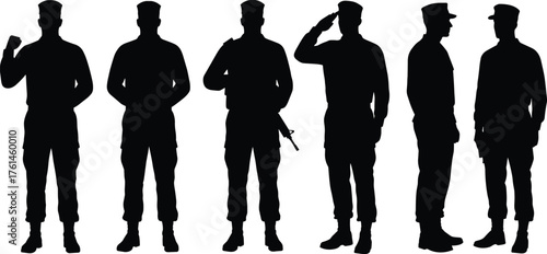 Silhouette of military soldiers standing in different poses, army men saluting, uniformed officers illustration, patriotic defense and service concept