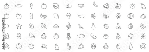 Fruits and berries line icons collection. Orange banana melon apple, blueberry, pineapple pomelo, kiwi peach, fig kiwi fresh fruits icon pack. Thin outline icons.