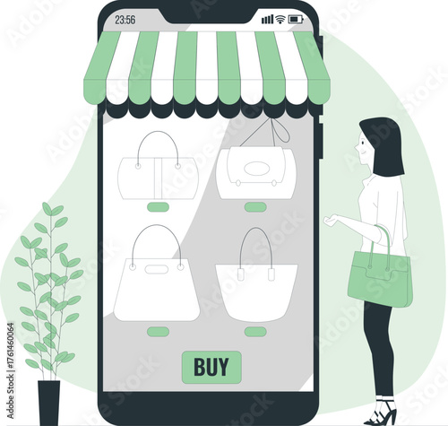 Woman shopping for handbags online via a mobile phone app with a buy button online shopping e-commerce