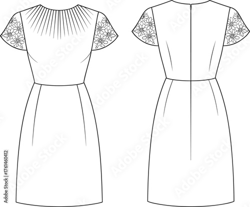 Fashion dress technical flat sketch, front and back view, short sleeve design, apparel illustration, garment construction template for pattern making