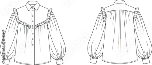 Ruffled blouse fashion sketch, front and back view, button-down, voluminous sleeves, cad drawing flat vector illustration, collar design