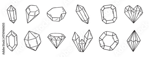 Doodle diamond and crystals doodle hand drawn icon set. Outline drawing line clipart symbol collection