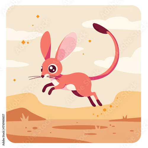 A cartoon gerbil leaps across a desert landscape with stylized clouds and stars