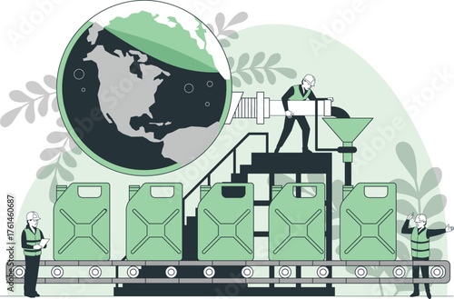 Industrial Process Filling Jerrycans with Liquid from Earth Globe Keywords: industry, manufacturing, production, factory, process, machinery, conveyor belt, jerrycans, containers, liquid, filling