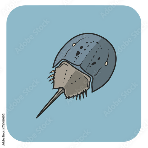 A cartoon horseshoe crab with a blue shell and grey underside