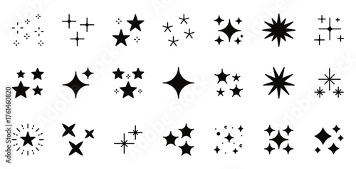 Star sparkles icons set. Twinkling stars, shining burst. Christmas decorations, glitter clean celebration sparkle stars graphic elements. Vector illustration