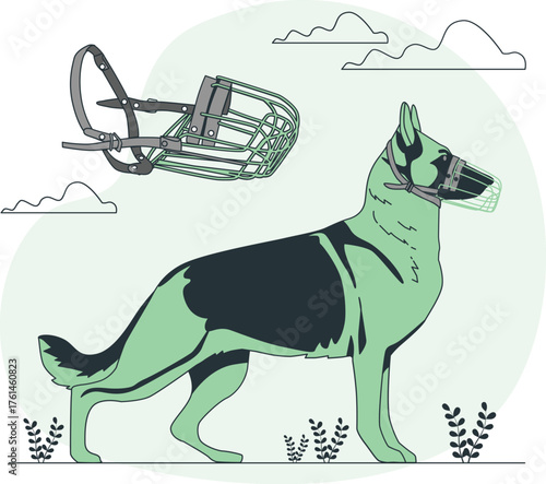 German Shepherd dog wearing a muzzle with another muzzle above canine animal