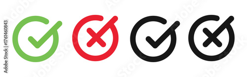 Approval and refusal. Green and red circles. Check tick and x cross symbols for validation, confirmation, checklist signs, certify badge. Flat modern design. Vector illustration