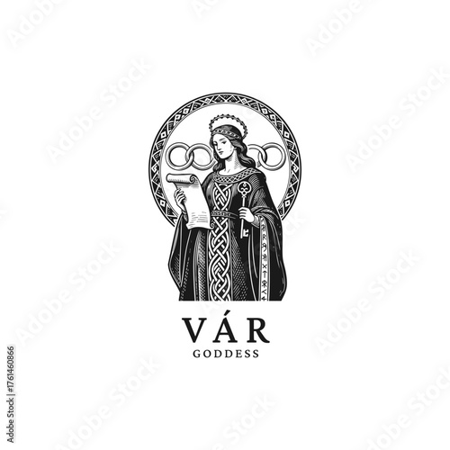 Norse goddess Vár holding a scroll and a key, illustrated in a detailed, vintage engraving style.