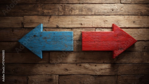 Directional arrows, red and blue, point opposite directions on weathered wood background, symbolizing choice, conflict, or divergent paths