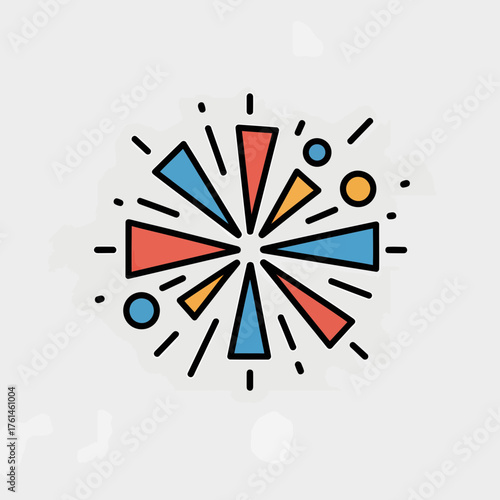 Abstract geometric explosion with colorful triangles and circles