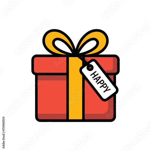 Colorful gift box with ribbon and happy tag illustration