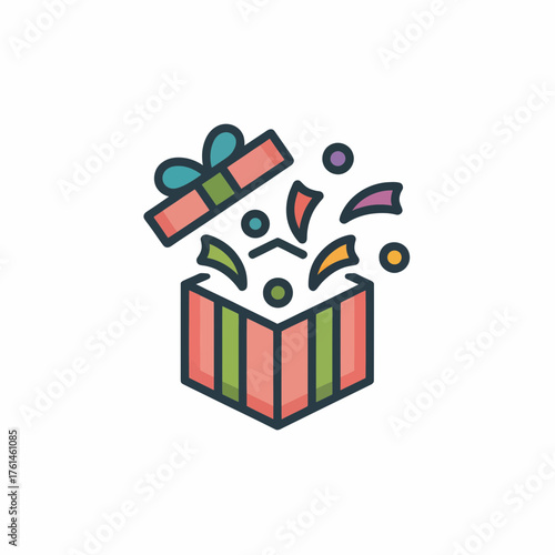 Colorful gift box icon with confetti on white background