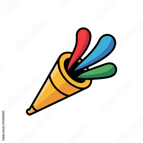Colorful party popper icon with confetti on white background