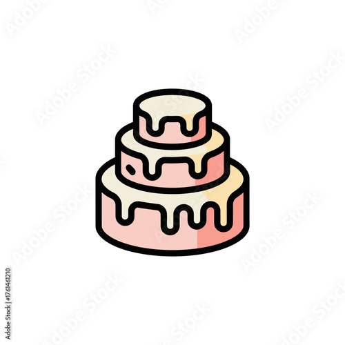 Colorful layered cake icon with dripping icing on white background