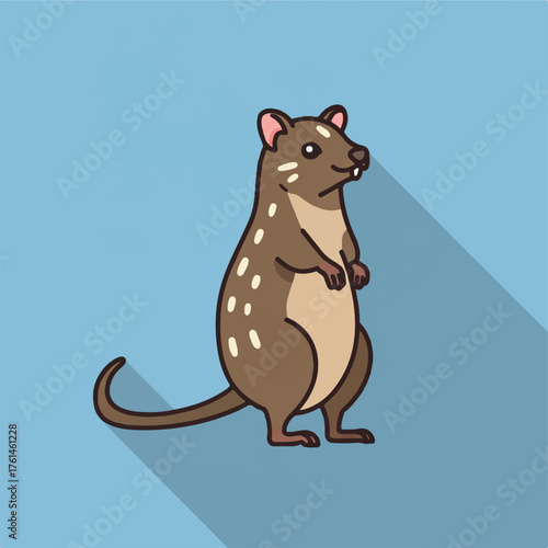 A cartoon quoll stands on a blue background with a long shadow