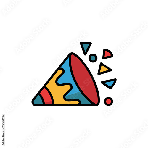 Colorful party popper icon with confetti on white background