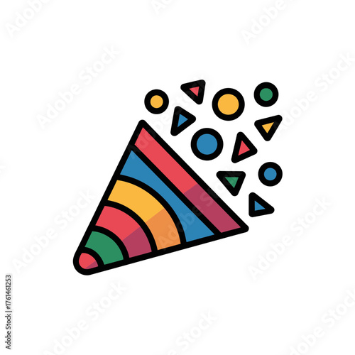 Colorful party popper icon with confetti on white background