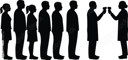 Silhouette of people standing in line while two healthcare workers check temperature using infrared thermometers, medical screening vector illustration design