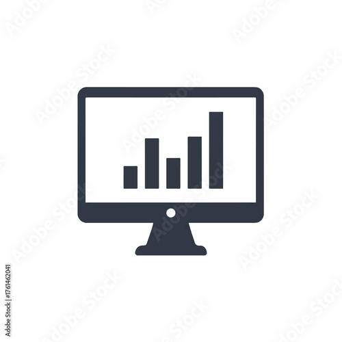 A dark blue icon of a computer monitor displaying a bar graph