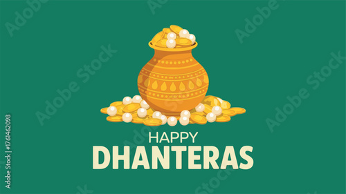 Happy Dhanteras with Gold Pot and Coins Design