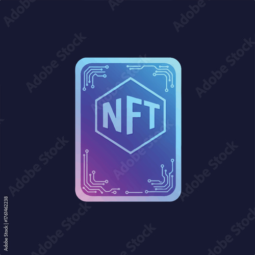 A digital NFT card with a hexagonal frame and circuit board pattern