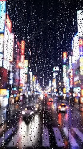 Nighttime city street scene illuminated by neon lights, with raindrops on the window creating a blurred effect