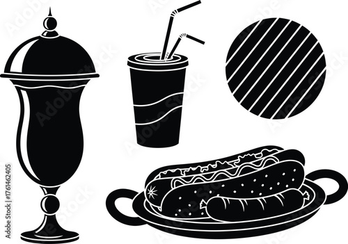Classic American fast food icons: hot dog, milkshake, and fries in silhouette