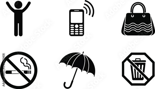 Collection of simple black and white icons representing various everyday objects and symbols