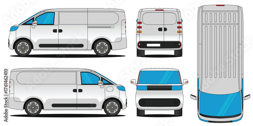 Van car vector. Car mockup illustration of a deliver isolated on white background, With side, front, rear and top views