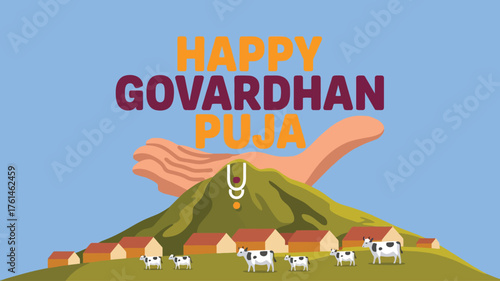 Happy Govardhan Puja with Mountain and Hand Design