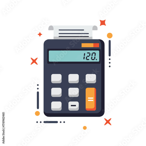 A flat design illustration of a dark blue calculator with a light blue screen displaying 120