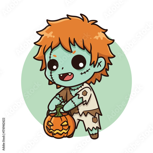Cute Chibi Zombie Character Holding Halloween Jack O Lantern